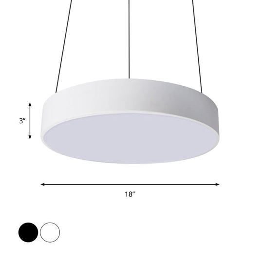 Suspension à tambour en métal à LED contemporaine : 12"/18"/23,5" de large, plafonnier blanc/noir avec lumière blanche/chaude