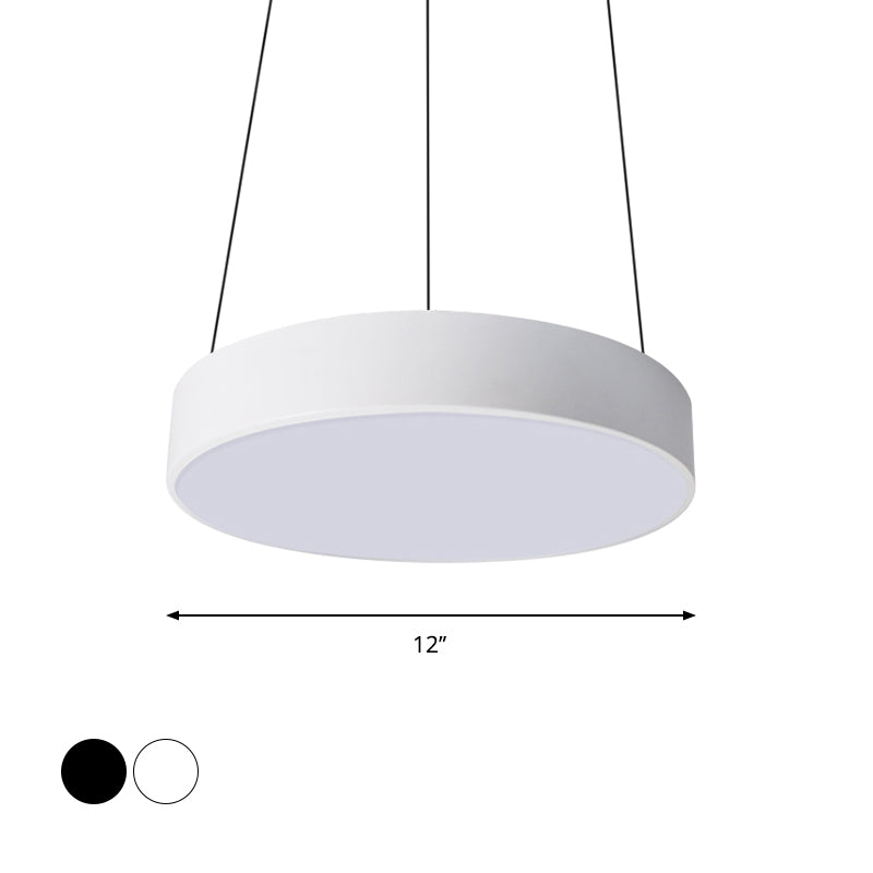 Suspension à tambour en métal à LED contemporaine : 12"/18"/23,5" de large, plafonnier blanc/noir avec lumière blanche/chaude