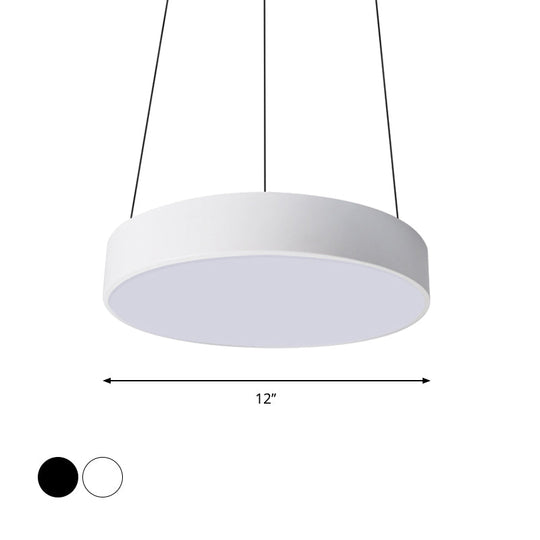 Suspension à tambour en métal à LED contemporaine : 12"/18"/23,5" de large, plafonnier blanc/noir avec lumière blanche/chaude