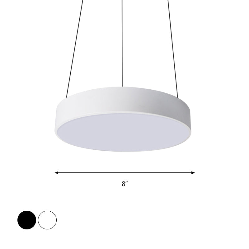 Suspension à tambour en métal à LED contemporaine : 12"/18"/23,5" de large, plafonnier blanc/noir avec lumière blanche/chaude