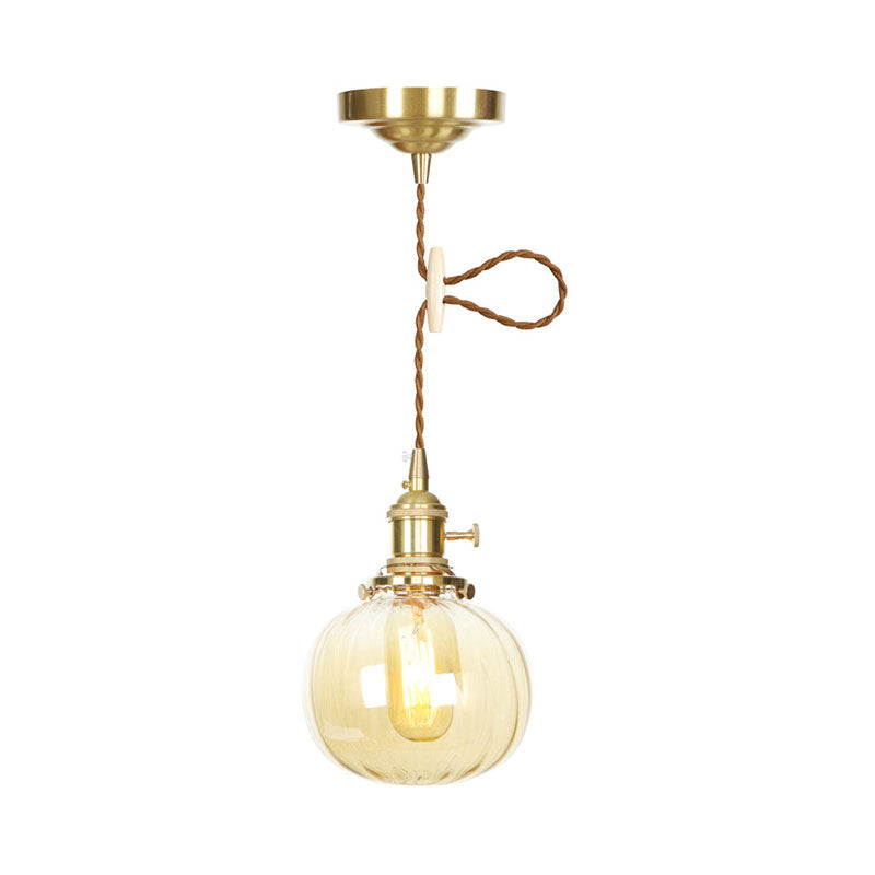 Amber Glass Retro Vintage Pendant Lamp - Melon Shape - Dining Room Décor