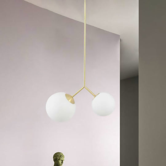 Nordic Gold Pendant Ceiling Light with Globe White Glass Shade - Set of 2