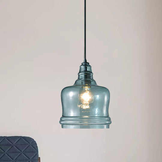 Modern Blue Glass Pendant Light - Wide Masion Jar Globe/Drum Design (1 Light)
