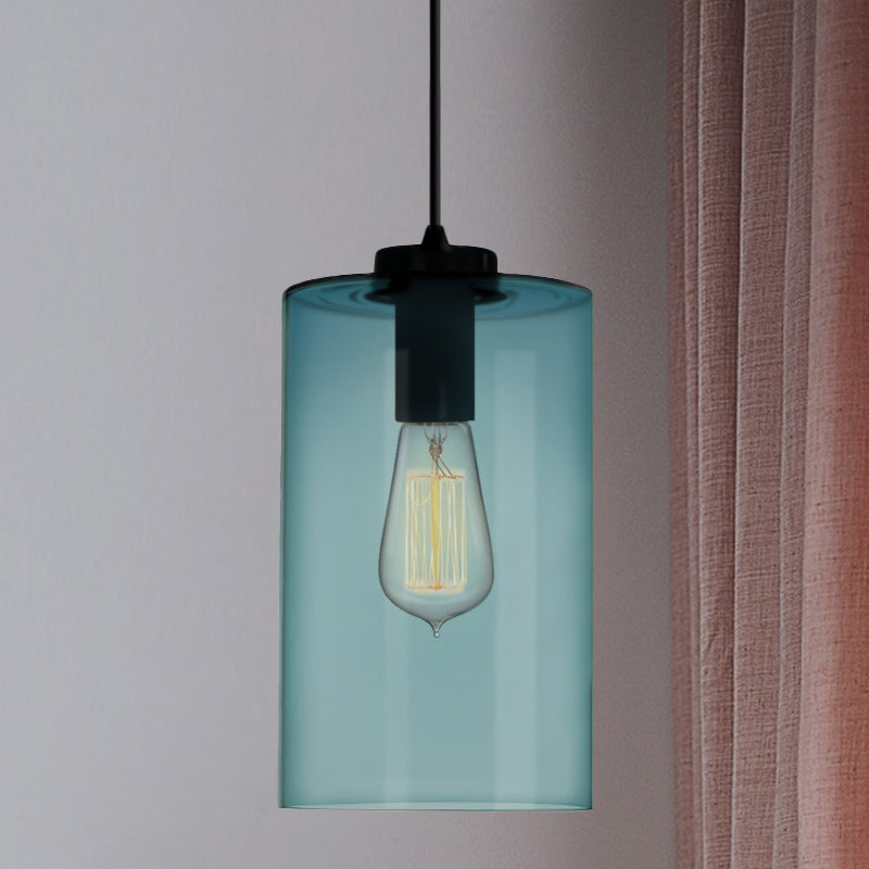 Modern 1 Light Blue Glass Pendant Lamp, Black Ceiling Pendant Light