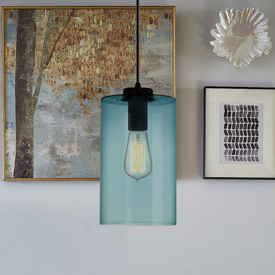 Modern 1 Light Blue Glass Pendant Lamp, Black Ceiling Pendant Light