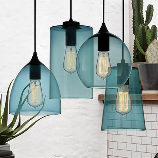 Modern 1 Light Blue Glass Pendant Lamp, Black Ceiling Pendant Light