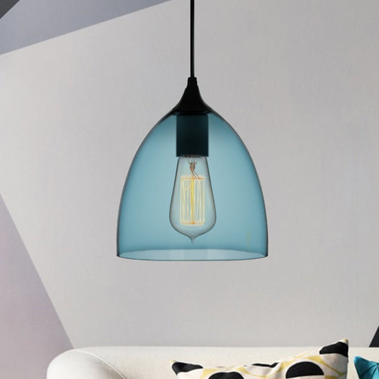 Modern 1 Light Blue Glass Pendant Lamp, Black Ceiling Pendant Light