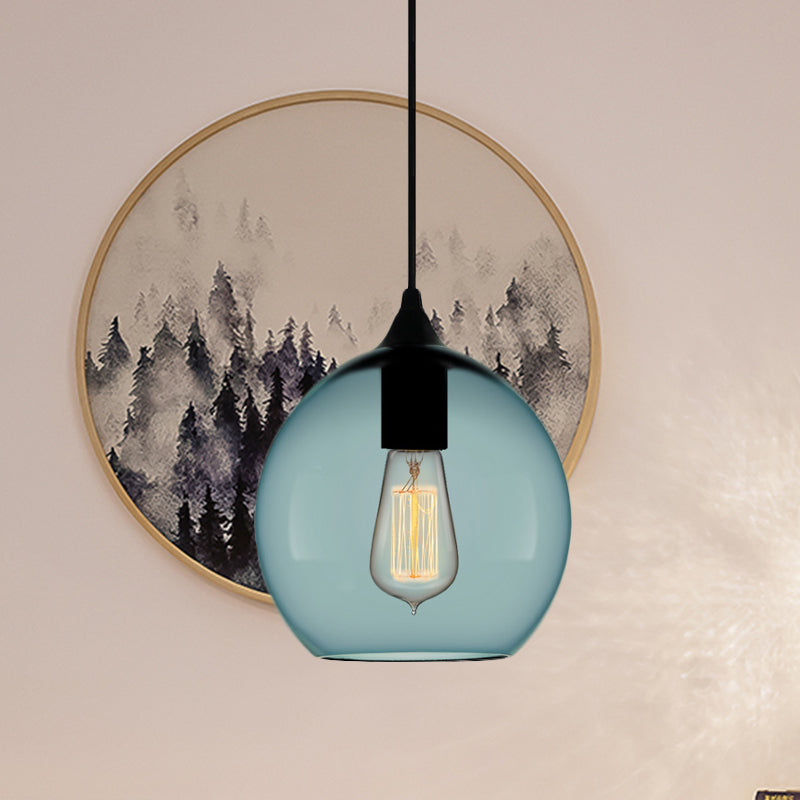 Modern 1 Light Blue Glass Pendant Lamp, Black Ceiling Pendant Light