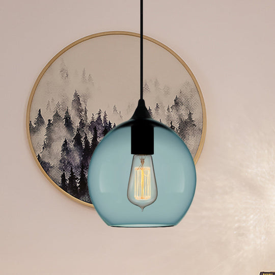 Modern 1 Light Blue Glass Pendant Lamp, Black Ceiling Pendant Light