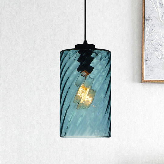 Modernist Blue Glass Pendant Light with Lattice Design and Ceiling Hung Suspension