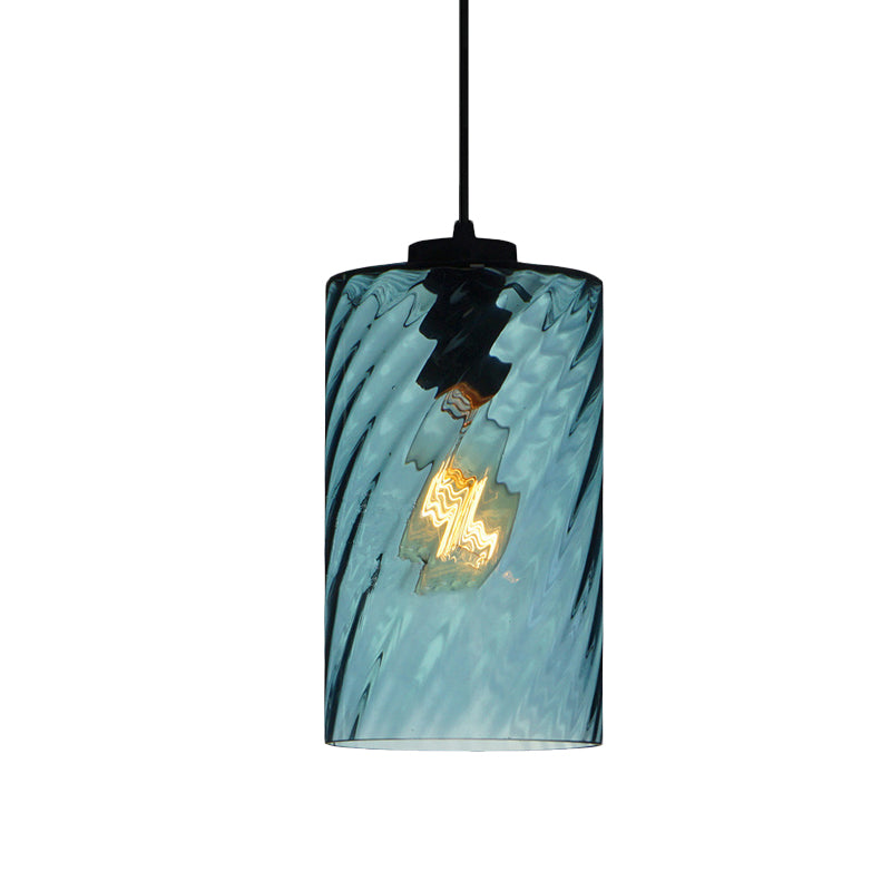 Modern Blue Glass Pendant Light With Unique Lattice Design And Black Ceiling Mount