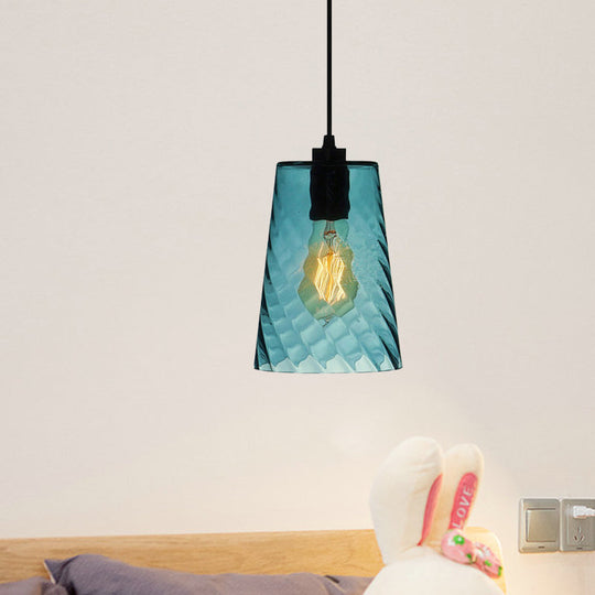 Modernist Blue Glass Pendant Light with Lattice Design and Ceiling Hung Suspension