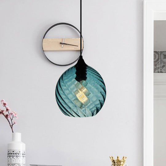Modern Blue Glass Pendant Light With Unique Lattice Design And Black Ceiling Mount