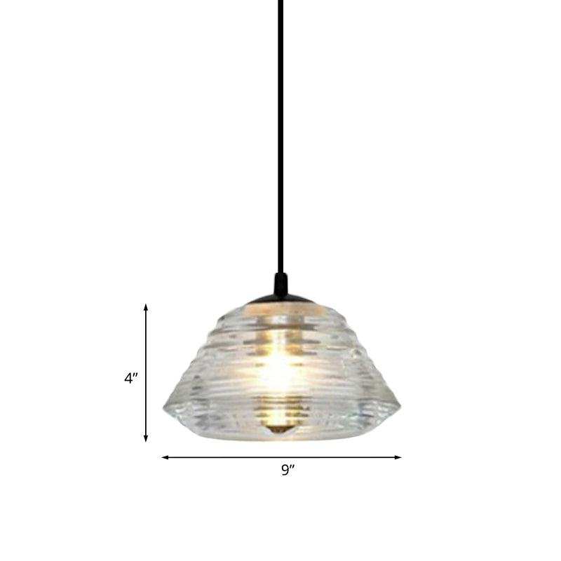 Clear Ruffle Glass Pendant Lighting - Modernist Cone/Dome/Flared Design - 1 Light Black Ceiling Lamp