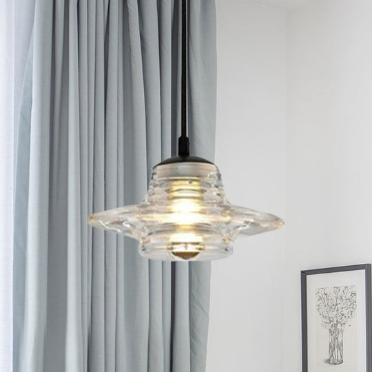 Modernist Clear Ruffle Glass Pendant Lamp - Cone/Dome/Flared Design 1-Light Black Ceiling Hanging