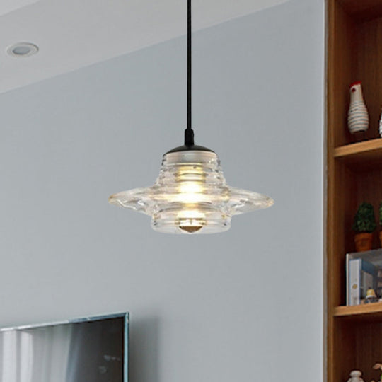 Clear Ruffle Glass Pendant Lighting - Modernist Cone/Dome/Flared Design - 1 Light Black Ceiling Lamp
