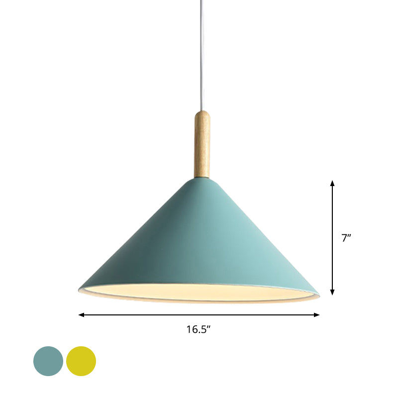 Modern Metal Cone Hanging Pendant Light, 1-Light Yellow/Blue, 12.5"/16.5" Dia