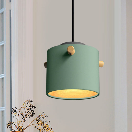 Modern 1 Light Metal Shade Hanging Pendant Green/Pink/White Cylinder Fixture Green / B