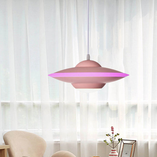 Flying Saucer LED Pendant Lamp in Macaron Style Metal - 12"/16" Diameter, Black or White with Warm/White Light - Ideal for Table Lighting