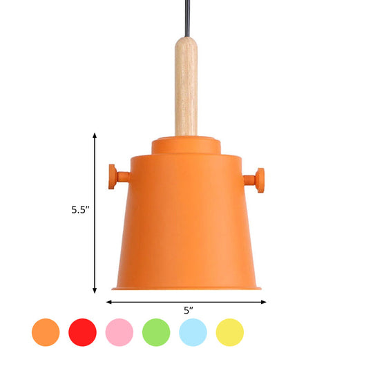 Modern Adjustable Cord Pendant Lamp - Single Light Metal Bucket Hanging In Wood