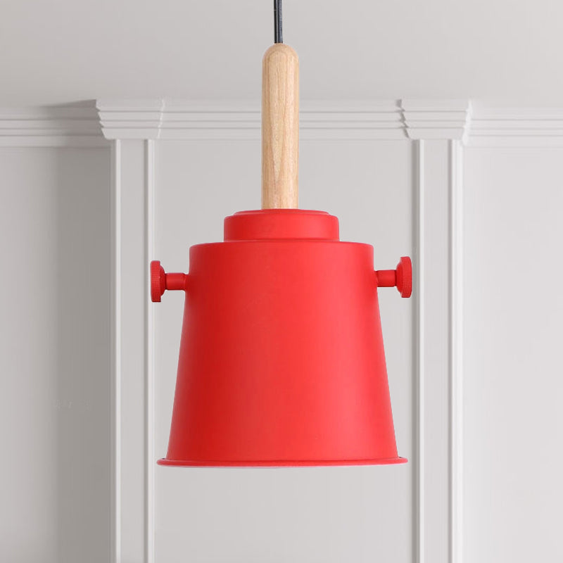 Modern Adjustable Cord Pendant Lamp - Single Light Metal Bucket Hanging In Wood Red