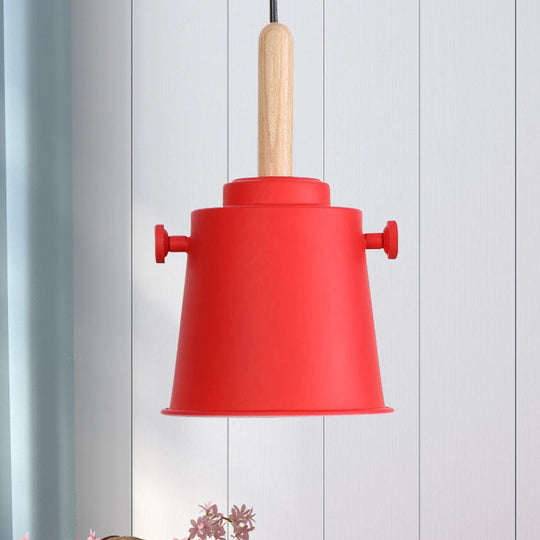 Modern Adjustable Cord Pendant Lamp - Single Light Metal Bucket Hanging In Wood