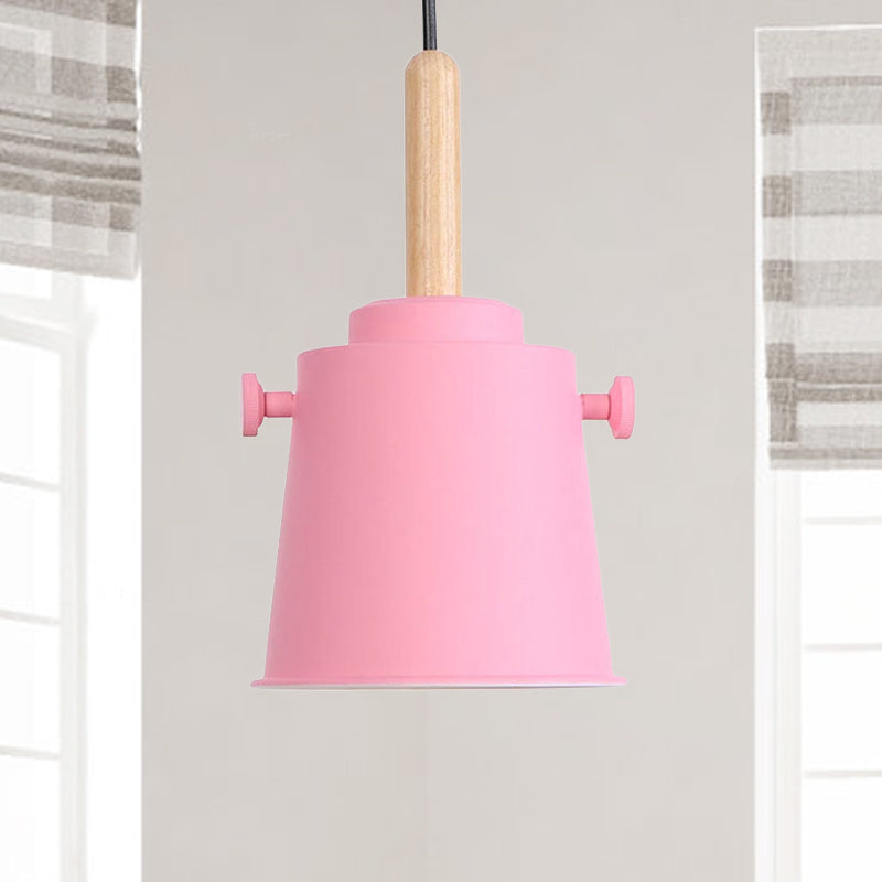Modern Adjustable Cord Pendant Lamp - Single Light Metal Bucket Hanging In Wood Pink