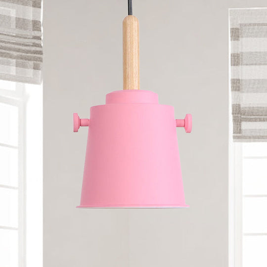 Modern Adjustable Cord Pendant Lamp - Single Light Metal Bucket Hanging In Wood Pink