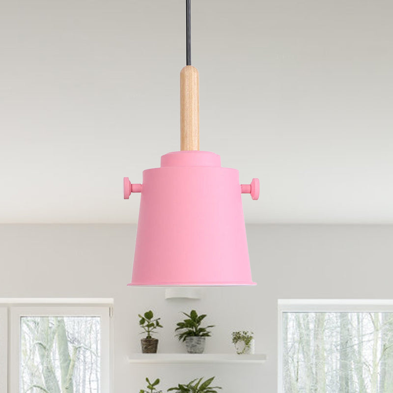 Modern Adjustable Cord Pendant Lamp - Single Light Metal Bucket Hanging In Wood