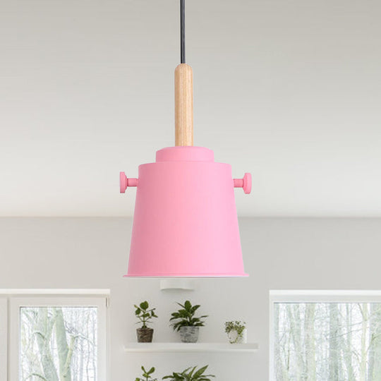 Modern Adjustable Cord Pendant Lamp - Single Light Metal Bucket Hanging In Wood