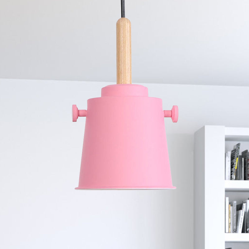 Modern Adjustable Cord Pendant Lamp - Single Light Metal Bucket Hanging In Wood