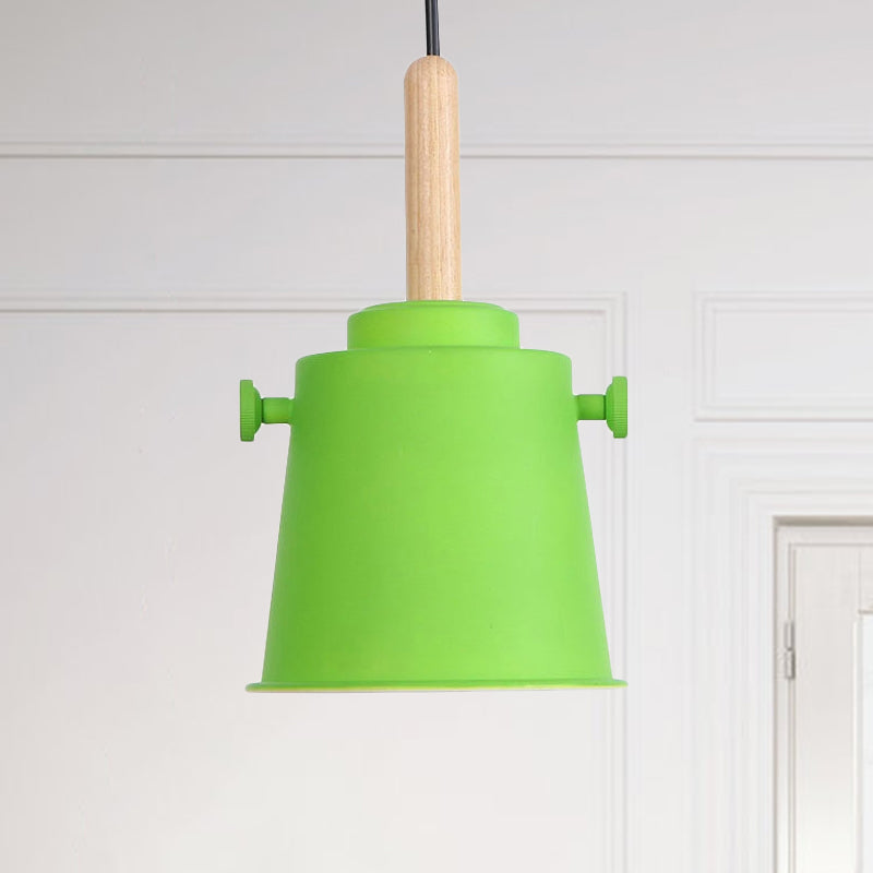 Modern Adjustable Cord Pendant Lamp - Single Light Metal Bucket Hanging In Wood Green