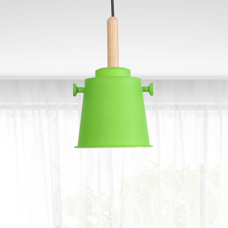 Modern Adjustable Cord Pendant Lamp - Single Light Metal Bucket Hanging In Wood