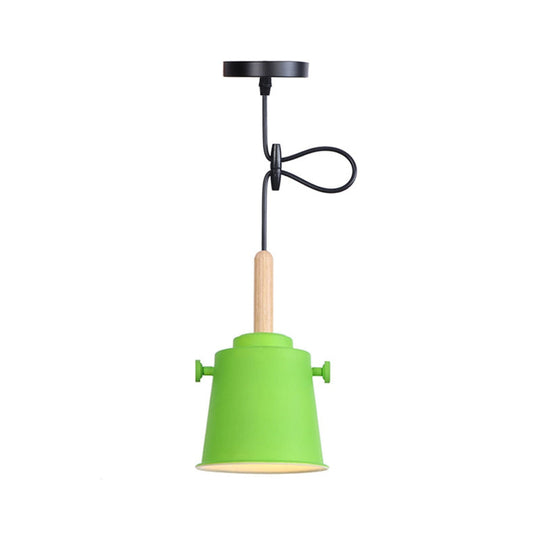 Modern Adjustable Cord Pendant Lamp - Single Light Metal Bucket Hanging In Wood