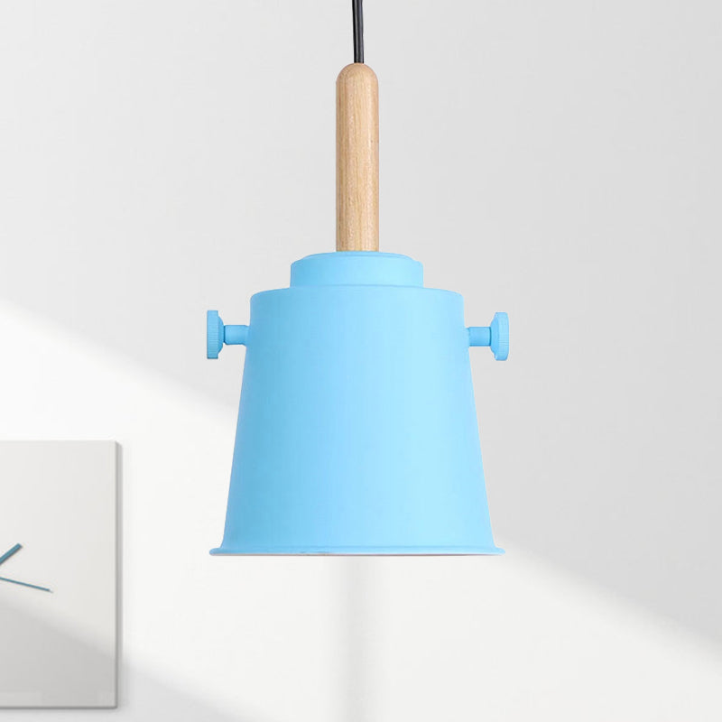 Modern Adjustable Cord Pendant Lamp - Single Light Metal Bucket Hanging In Wood Blue