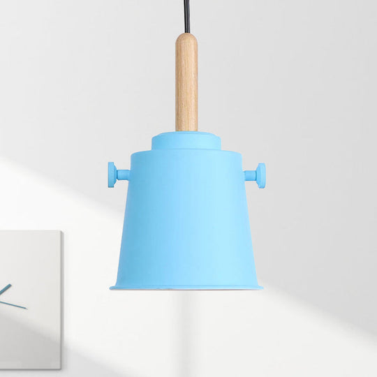 Modern Adjustable Cord Pendant Lamp - Single Light Metal Bucket Hanging In Wood Blue