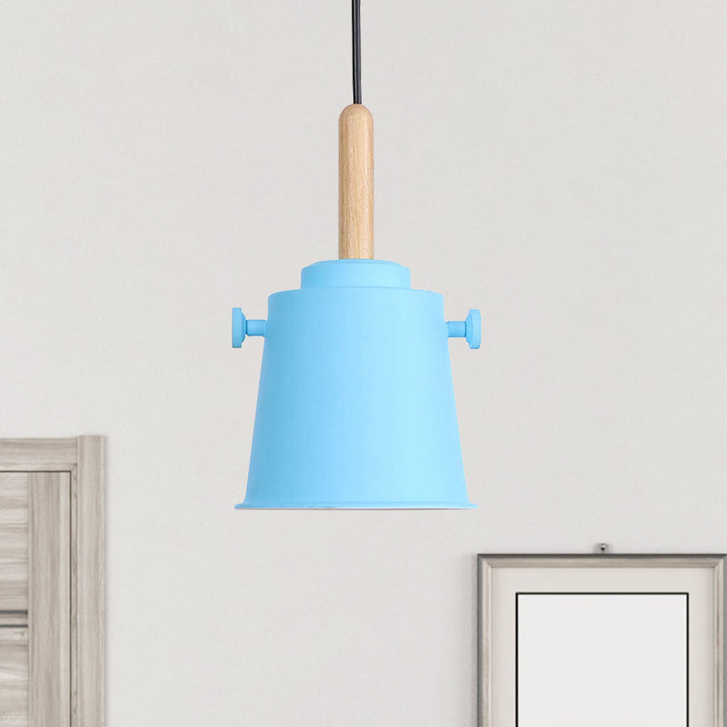 Modern Adjustable Cord Pendant Lamp - Single Light Metal Bucket Hanging In Wood