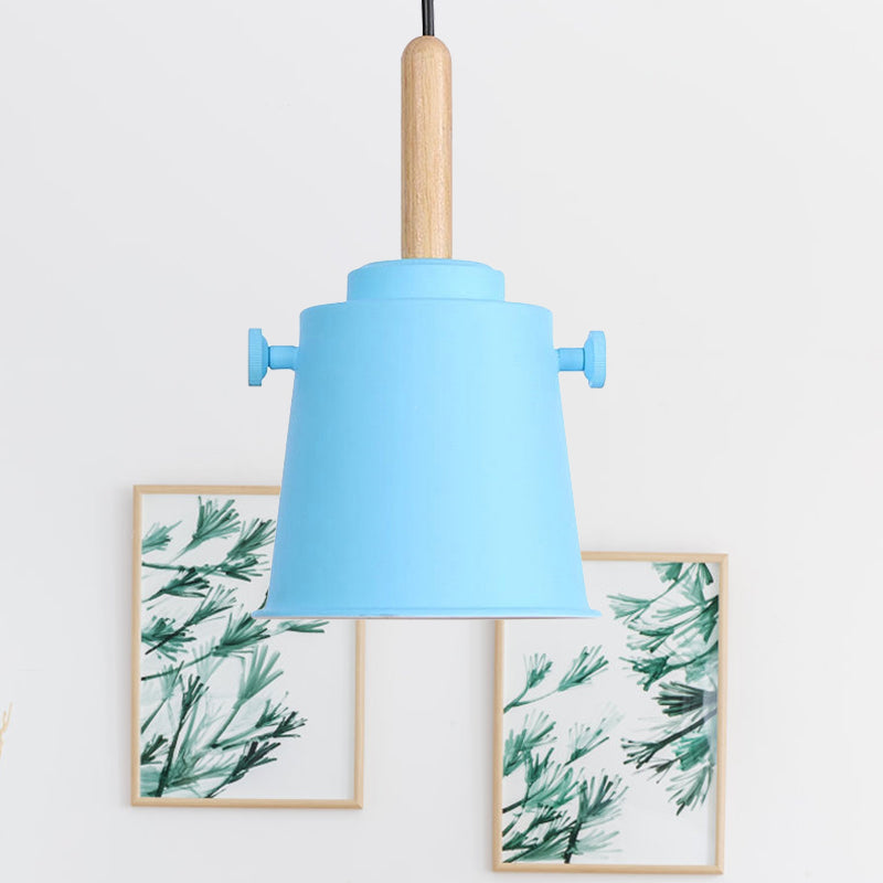 Modern Adjustable Cord Pendant Lamp - Single Light Metal Bucket Hanging In Wood