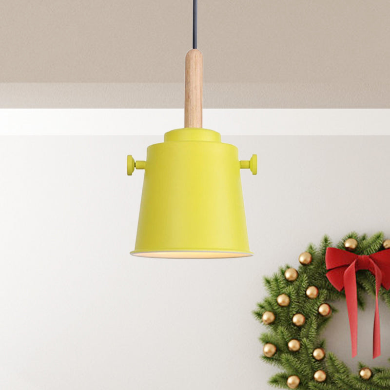 Modern Adjustable Cord Pendant Lamp - Single Light Metal Bucket Hanging In Wood