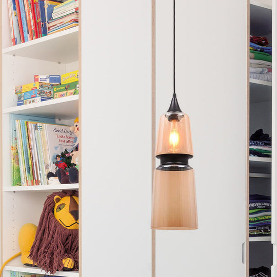 Modern Brown Pendant Lamp with Glass Shade – 1-Light Hanging Fixture for Dining Room