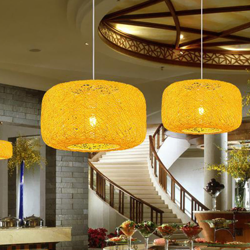 Modern Woven Rattan Drum Hanging Light Fixture - 8/12 Diameter 1 Head Pendant Lamp Black/White