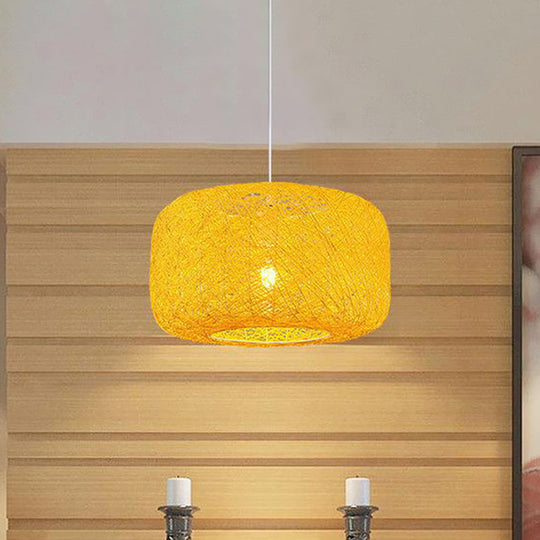 Modern Woven Rattan Drum Pendant Lamp - 8"/12" Diameter - Black/White