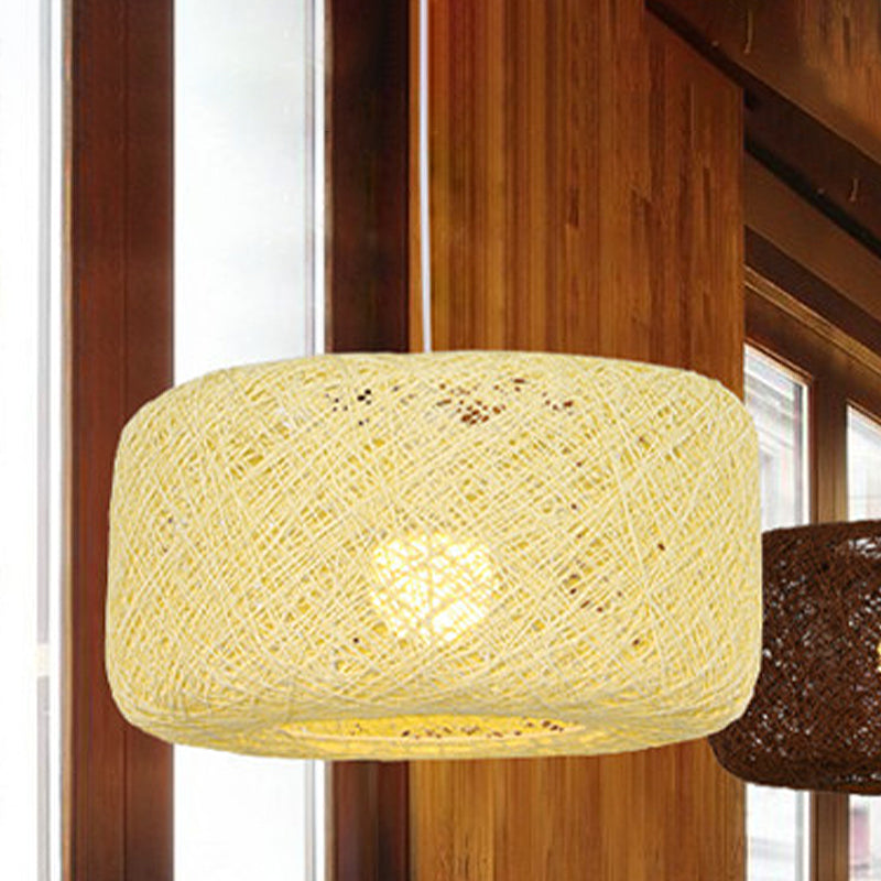 Modern Woven Rattan Drum Pendant Lamp - 8"/12" Diameter - Black/White