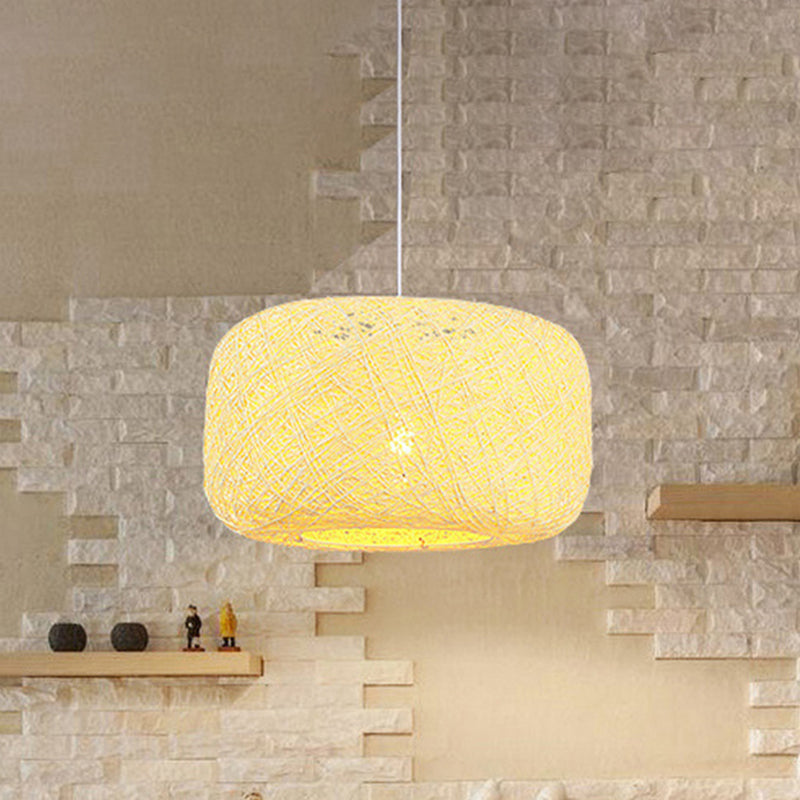 Modern Woven Rattan Drum Pendant Lamp - 8"/12" Diameter - Black/White