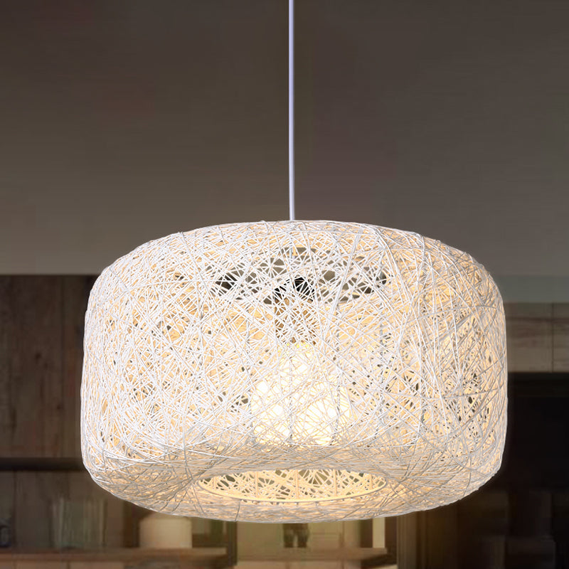 Modern Woven Rattan Drum Hanging Light Fixture - 8/12 Diameter 1 Head Pendant Lamp Black/White White