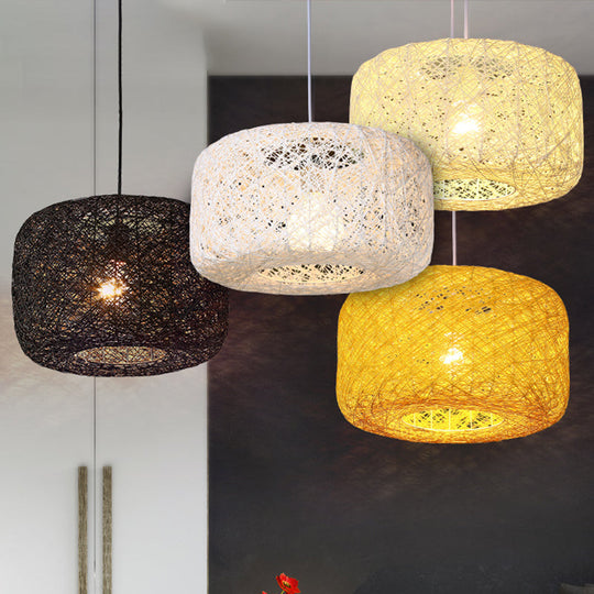 Modern Woven Rattan Drum Pendant Lamp - 8"/12" Diameter - Black/White