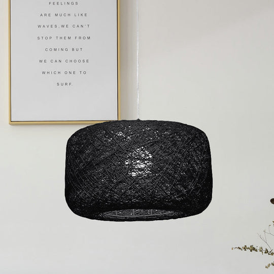 Modern Woven Rattan Drum Pendant Lamp - 8"/12" Diameter - Black/White