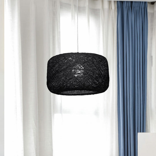 Modern Woven Rattan Drum Pendant Lamp - 8"/12" Diameter - Black/White