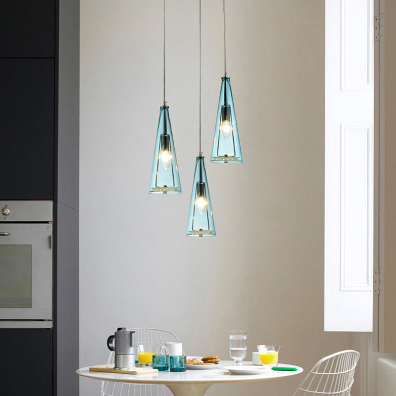 Contemporary Cone Pendant Lamp - Blue/Amber/Clear Glass 3-Light Ceiling Light In Chrome Round/Linear