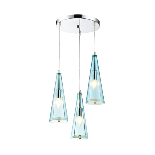 Modern Cone Pendant Lamp in Chrome with Blue/Amber/Clear Glass Panels - 3 Lights Ceiling Hanging Light, Round/Linear Canopy